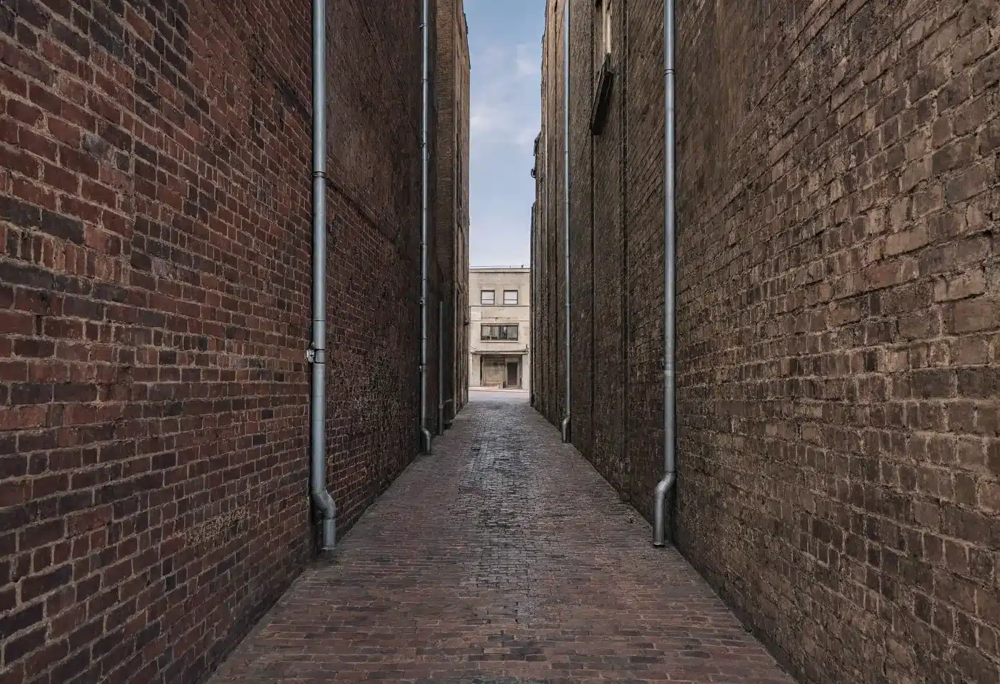 A narrow brick service alley between two sound older commercial buildings