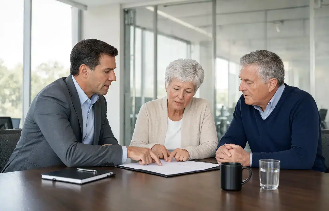 A wealth advisor walking a couple in their sixties through a printed plan for transferring an asset to charity