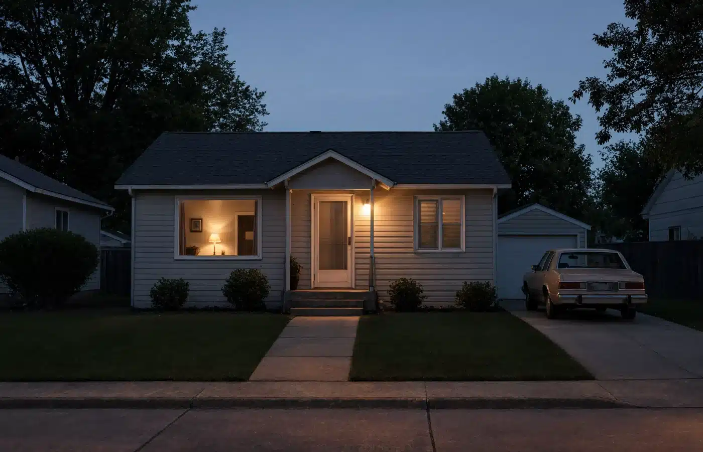 A well-kept single-story house at dusk with the porch light on and a lamp glowing in the front window