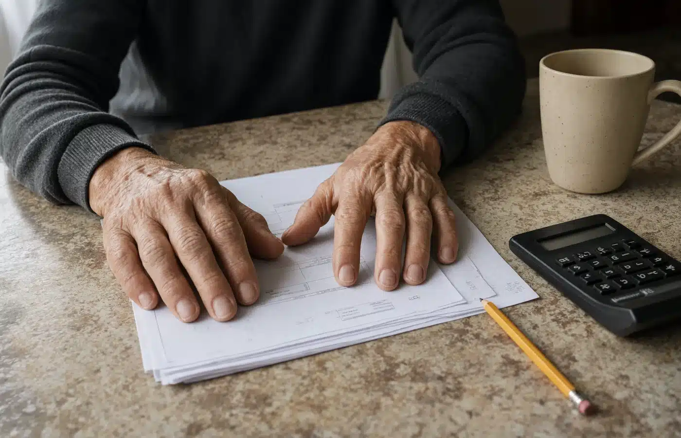 Weathered hands flattening a folded county property tax notice beside a calculator and pencil