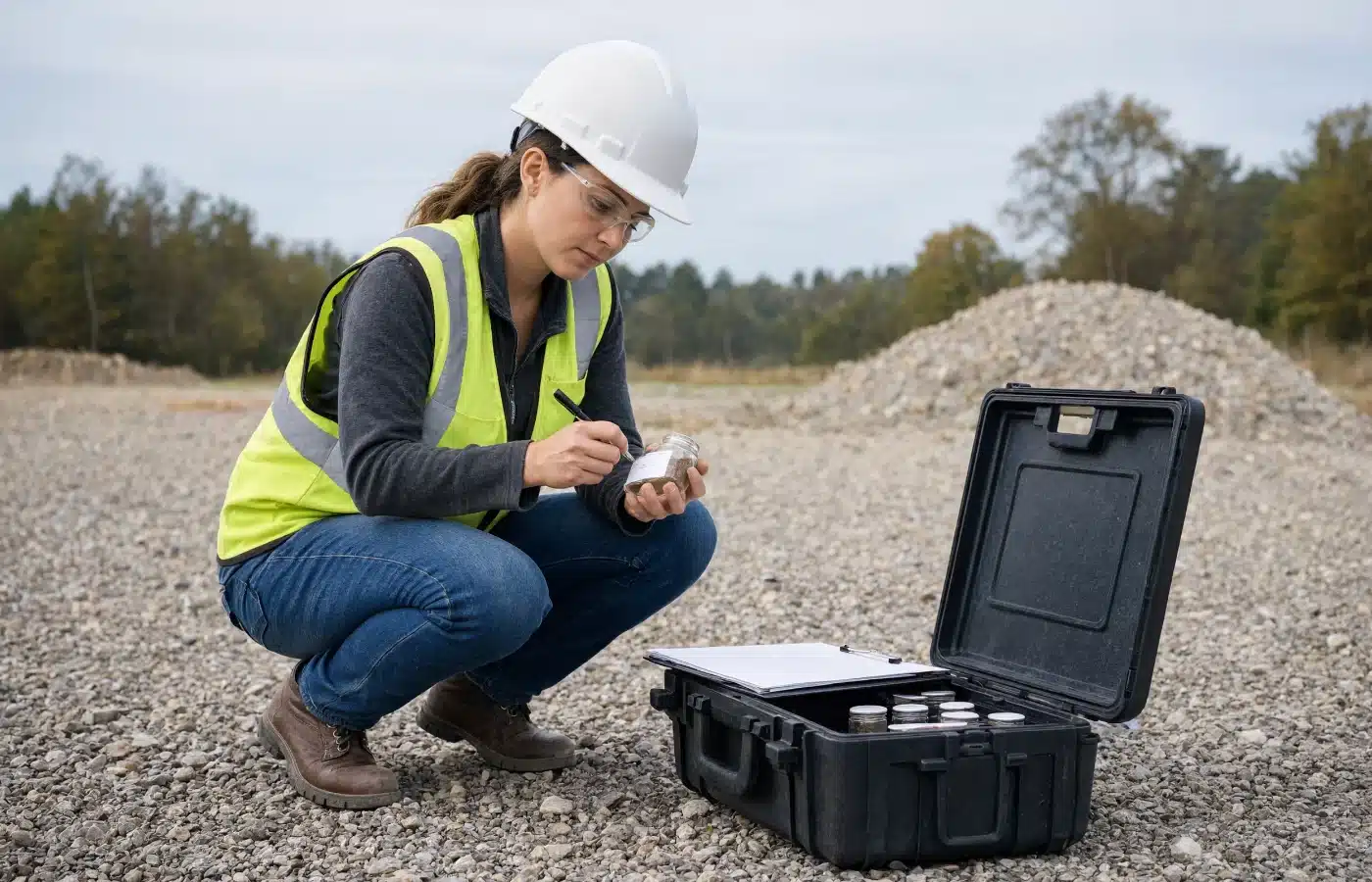An environmental consultant in a hard hat and safety vest labeling a soil sample jar on a gravel lot