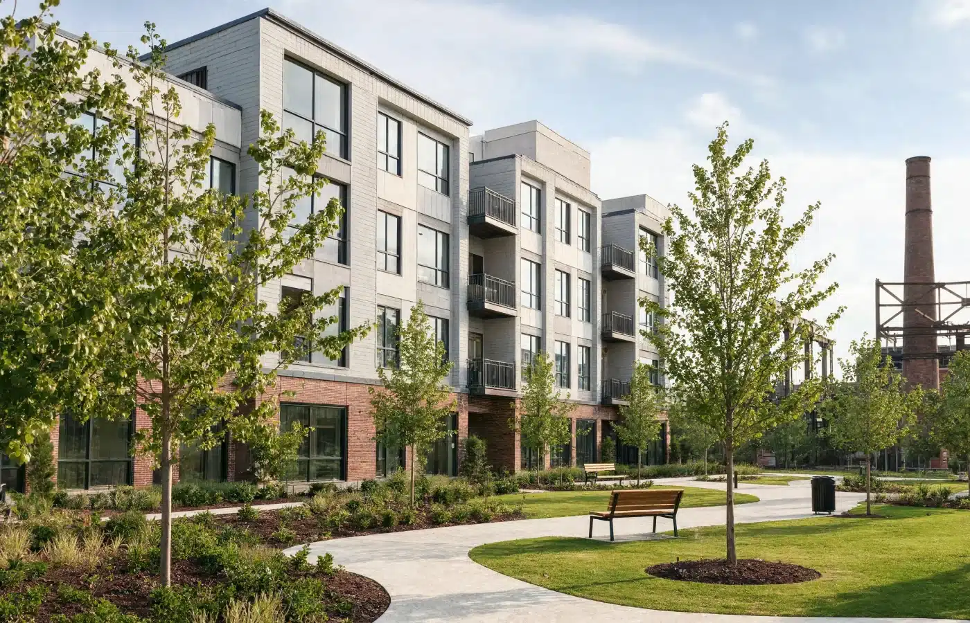 New apartments and a landscaped walking path on a redeveloped industrial site, with the old brick smokestack still standing