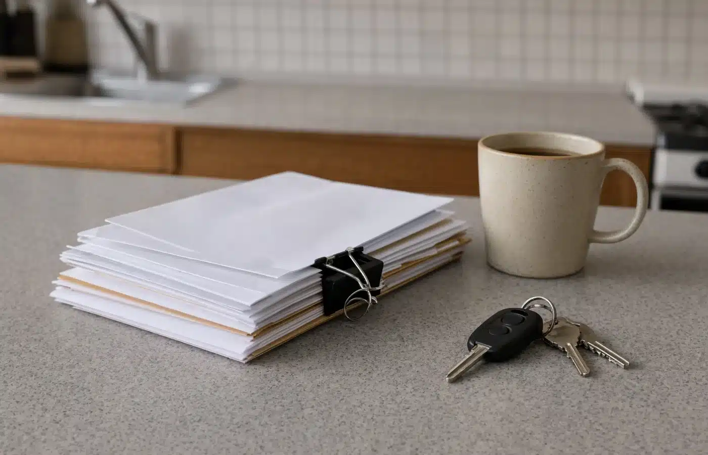 A clipped stack of unopened envelopes on a kitchen counter beside car keys and a coffee mug