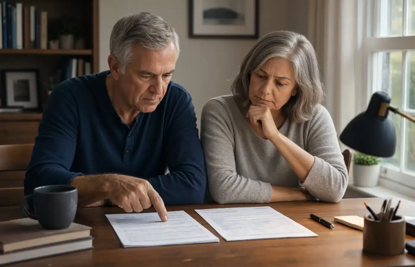 A couple compares two printed scenarios side by side at their home desk
