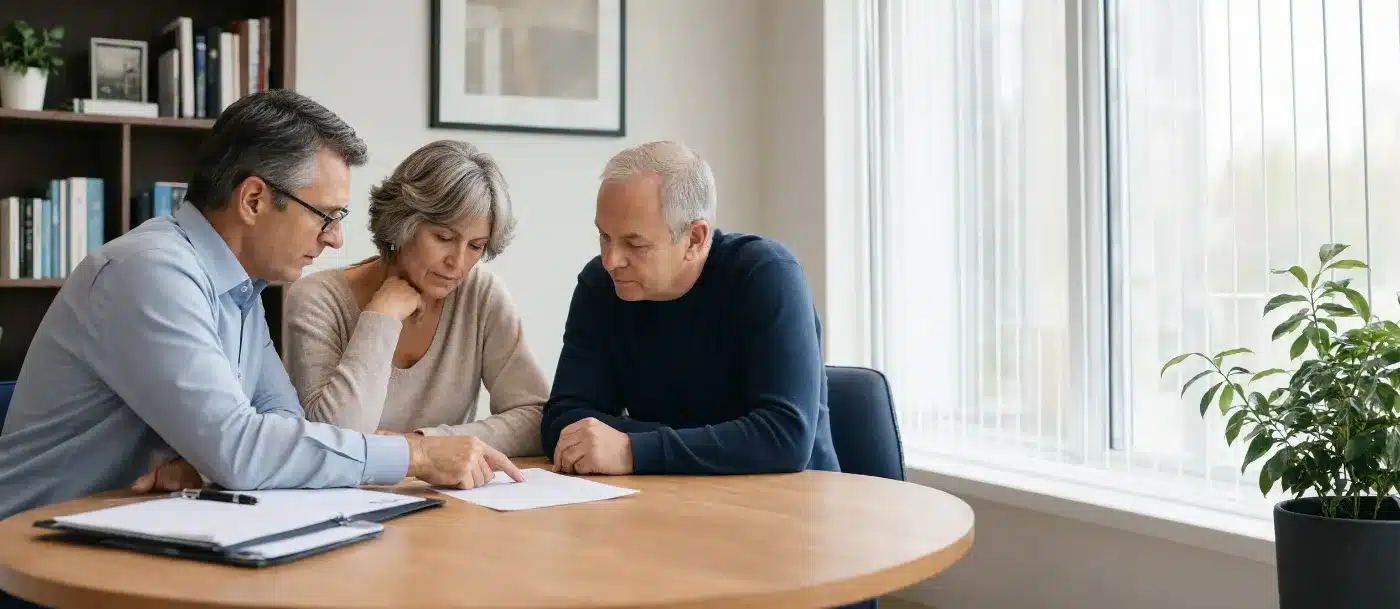 An advisor reviewing a capital gains summary with a couple at a desk