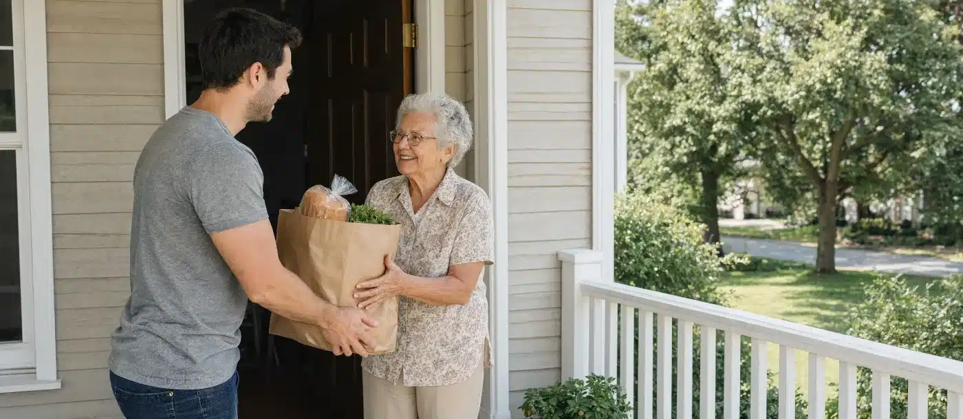 A volunteer delivering groceries to a household