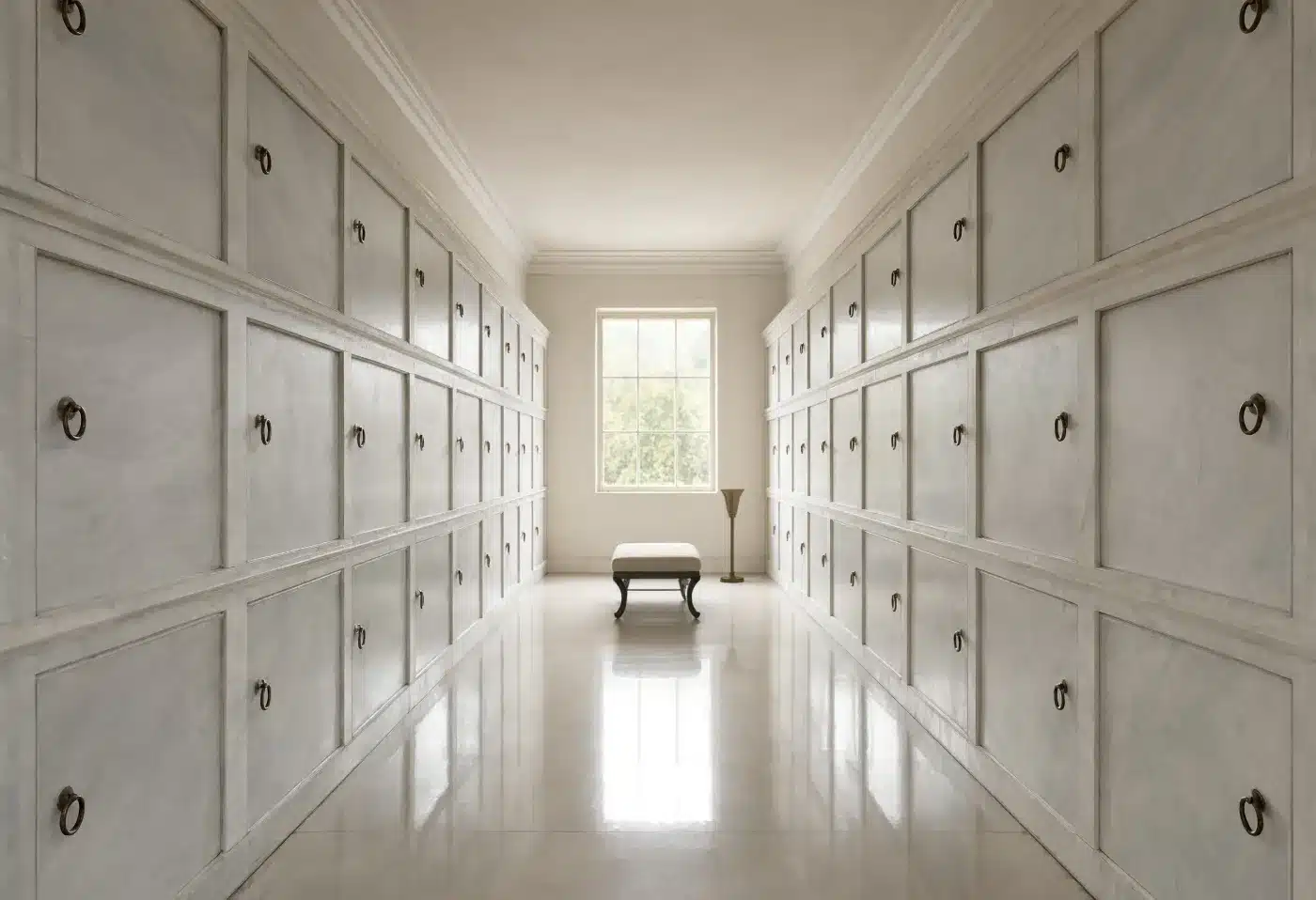 The corridor of a clean mausoleum with polished marble crypt fronts and no lettering