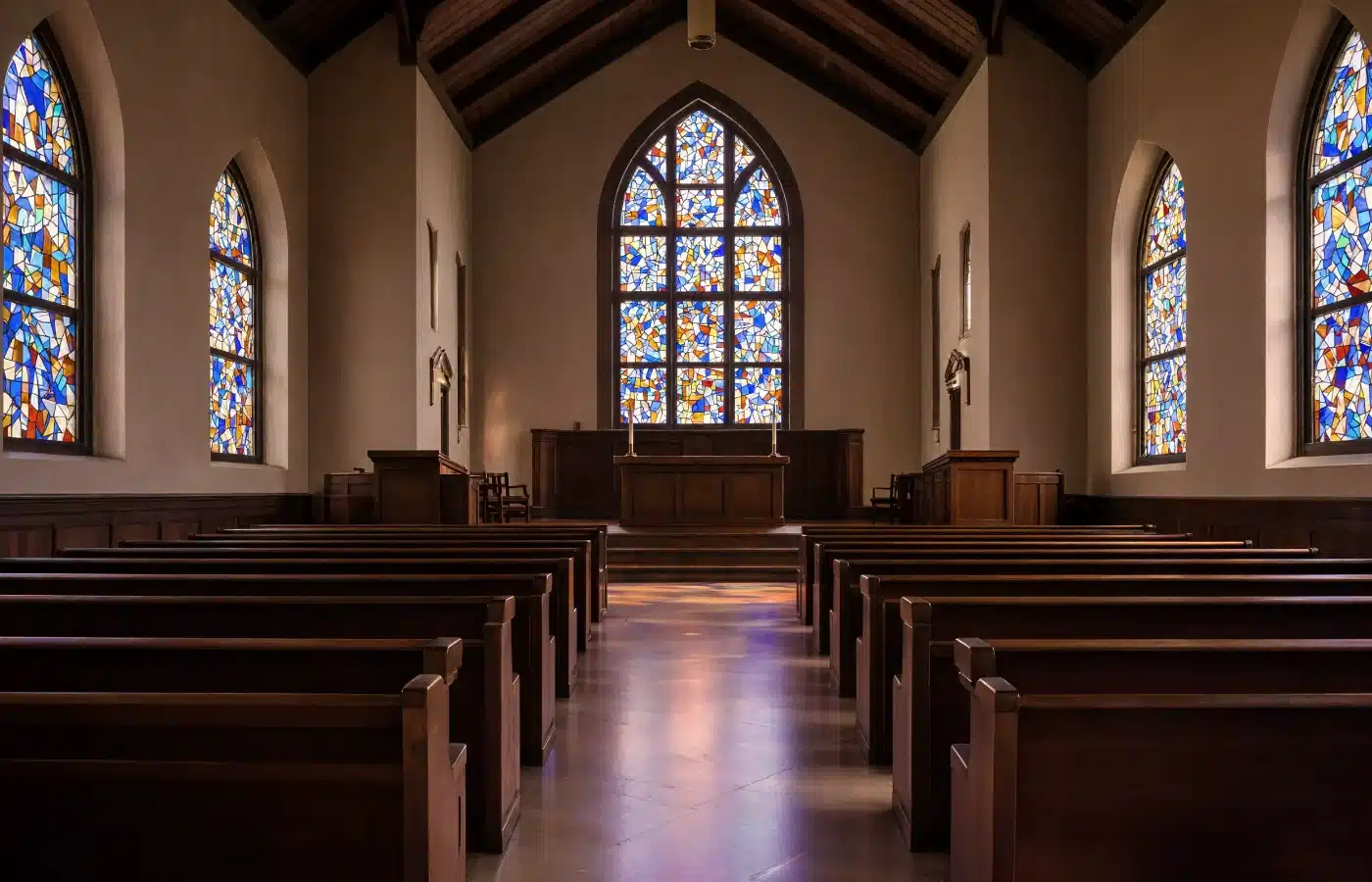 An empty church sanctuary with wooden pews, a raised altar and a tall arched stained glass window