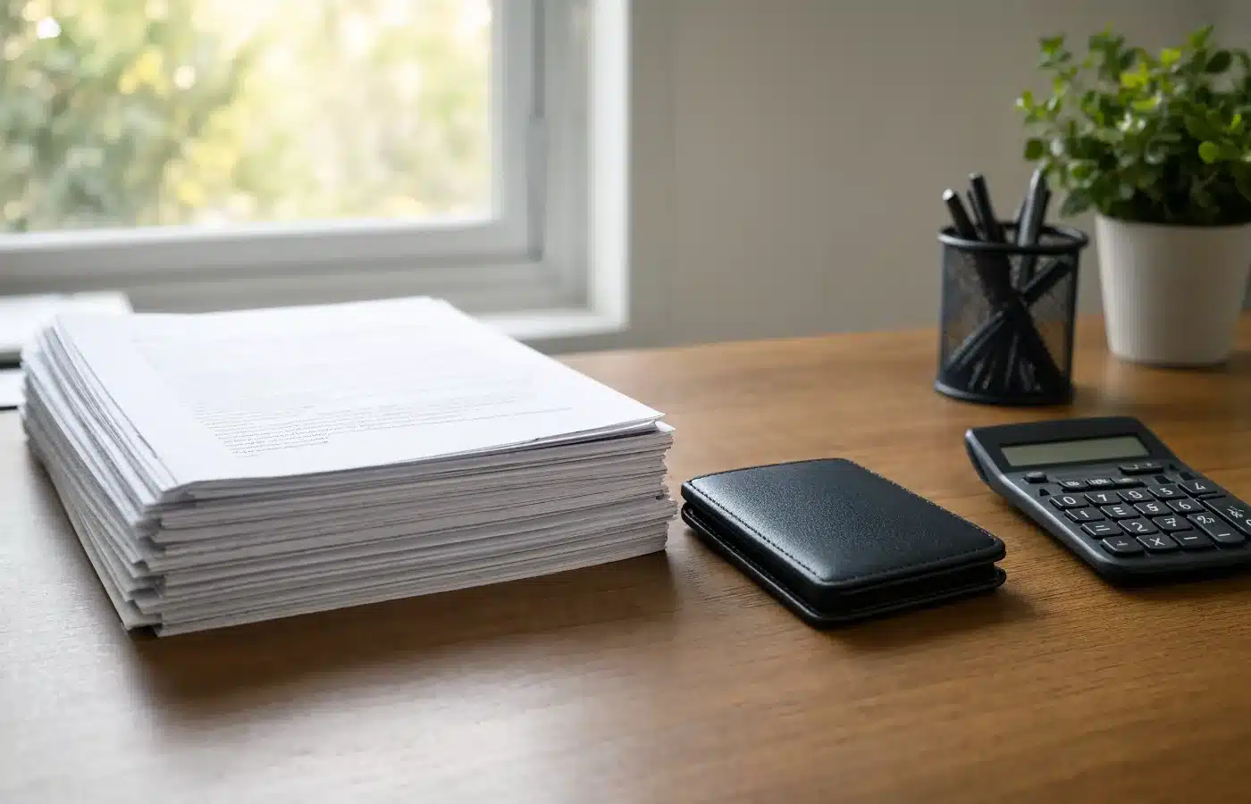 A stack of printed documents, a closed checkbook and a calculator on a home office desk in morning light