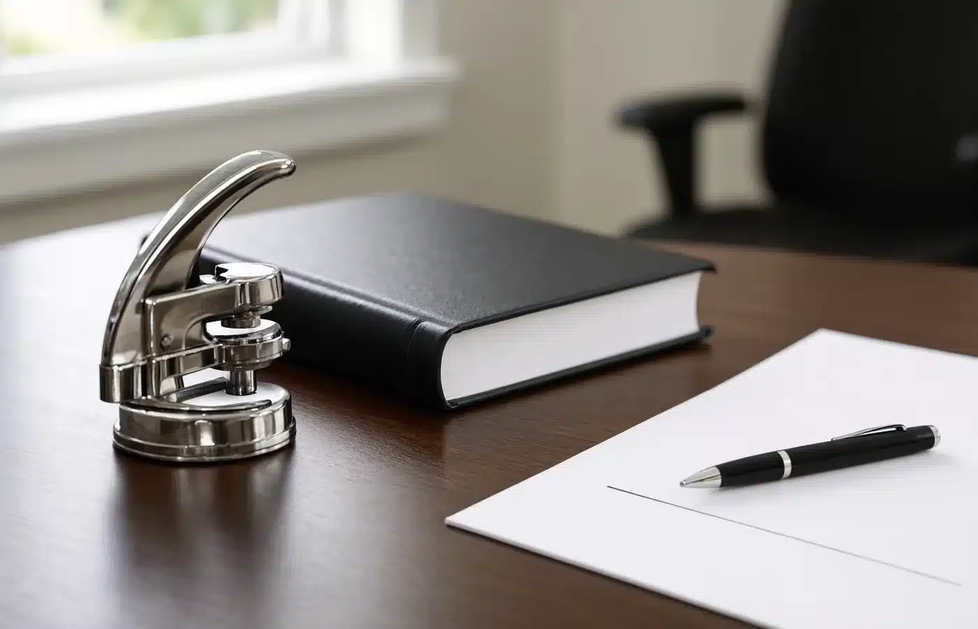 A notary’s chrome embossing seal, closed logbook and a document with a blank signature line