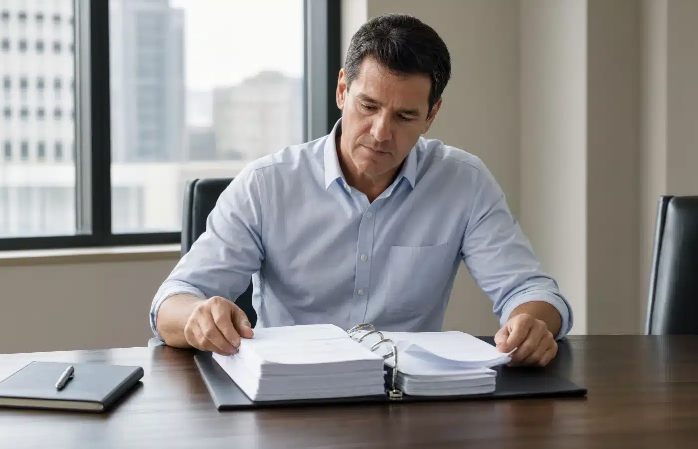 A commercial real estate attorney turning a tabbed section of a thick three-ring transaction binder