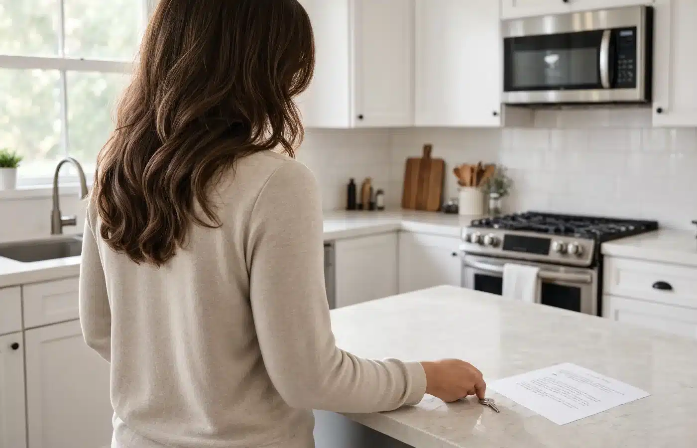 A woman setting a single house key on a clean kitchen counter beside a folded document