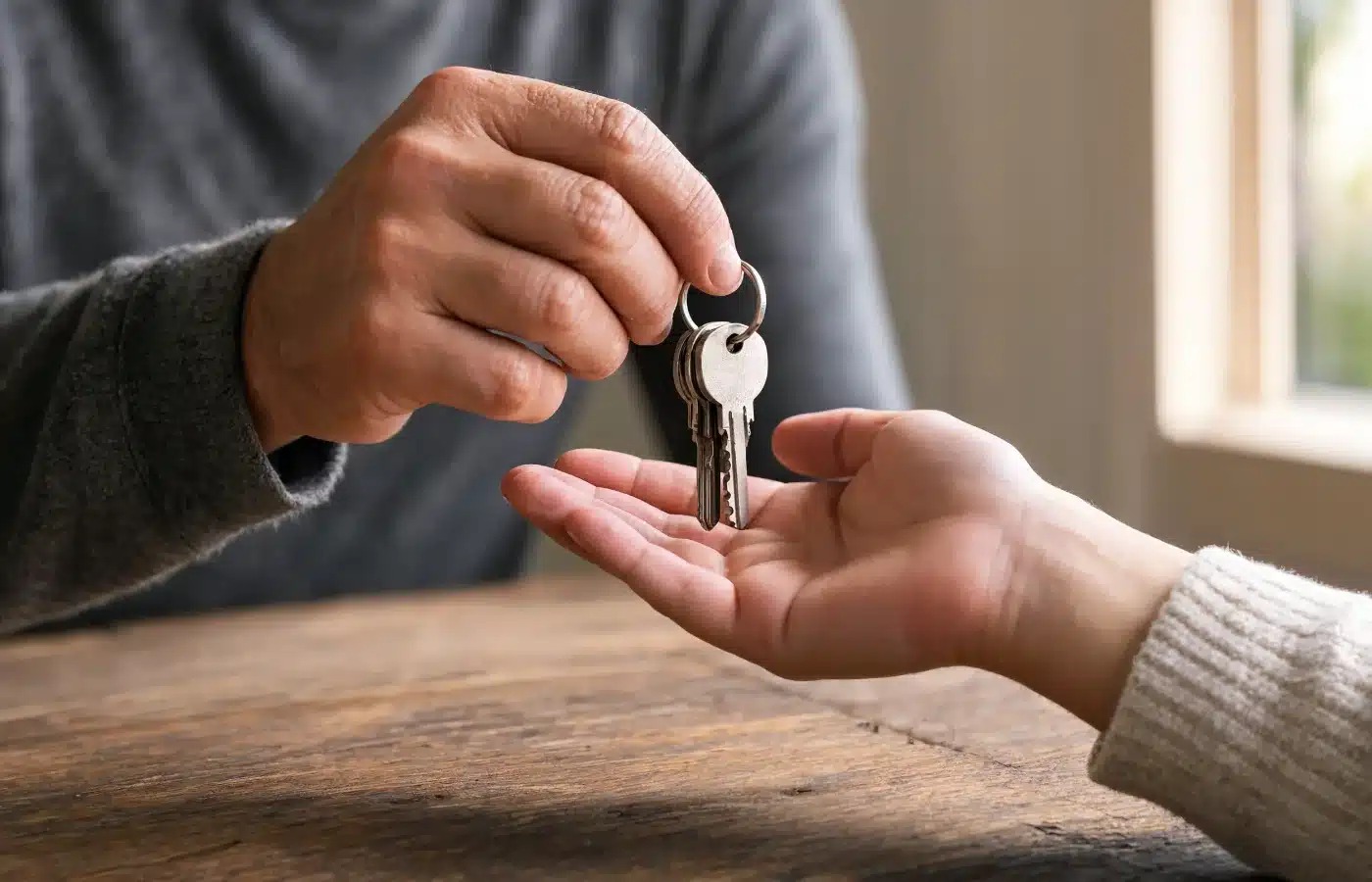 A ring of house keys passing from an older hand to a younger one across a wooden table