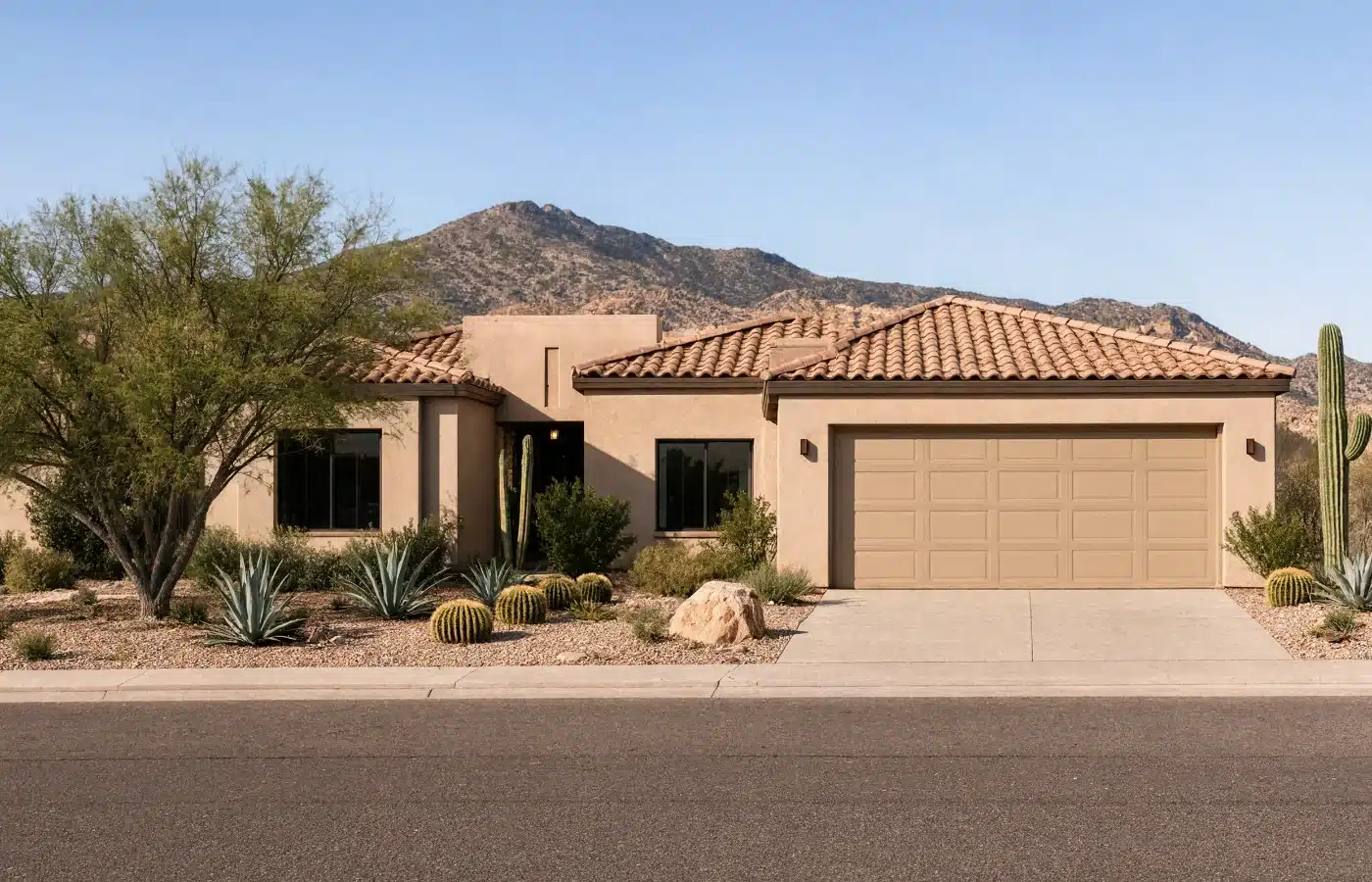 A single-story stucco vacation home in Scottsdale with a tile roof, a desert garden and a closed two-car garage