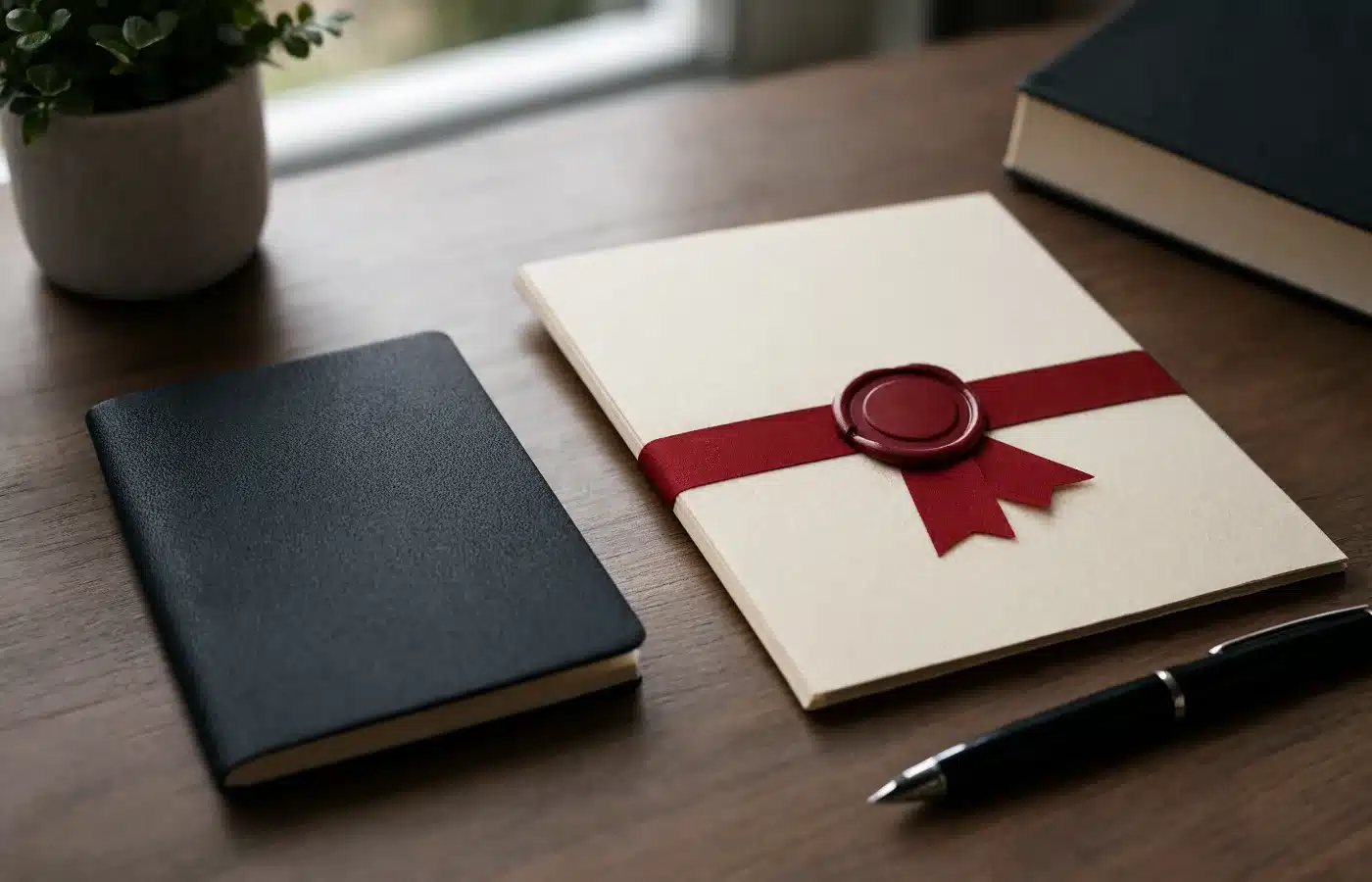 A passport beside a transfer document bound with a red ribbon and a wax seal, ready for signing abroad