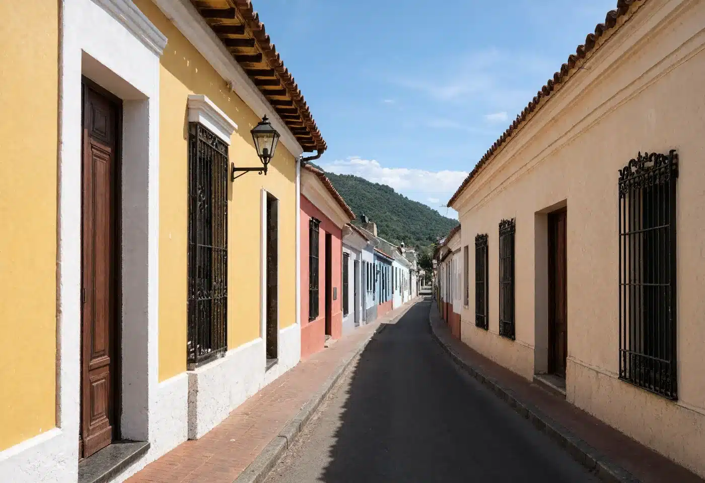 A colonial street of painted stucco houses in a Latin American coastal town, where concession property is held on long leases