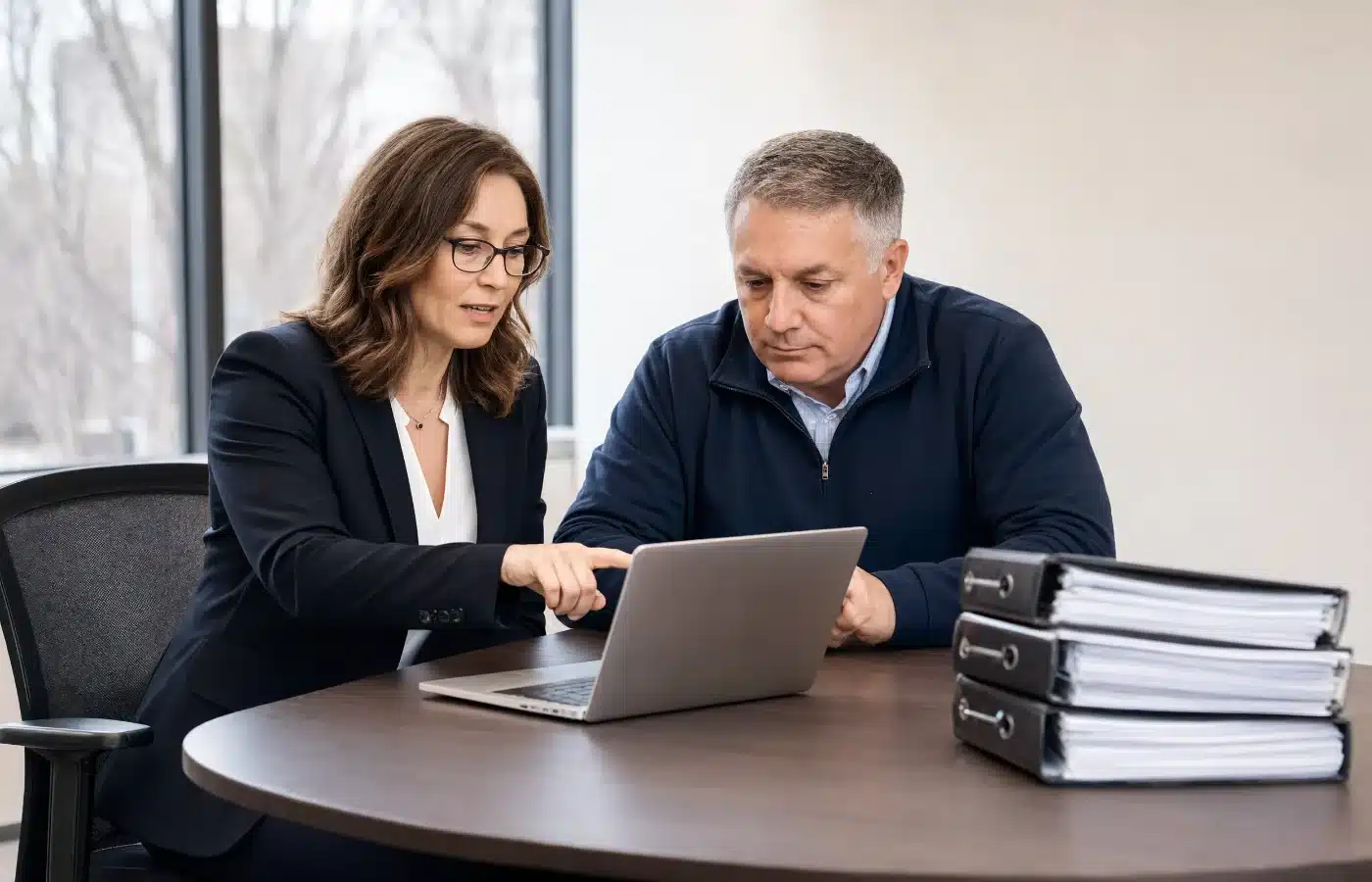 An accountant and a property donor reviewing Form 8283 on a laptop with binders of records on the table