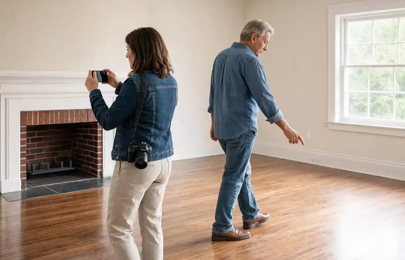 An appraiser and a homeowner walk through an empty living room, discussing the appraisal