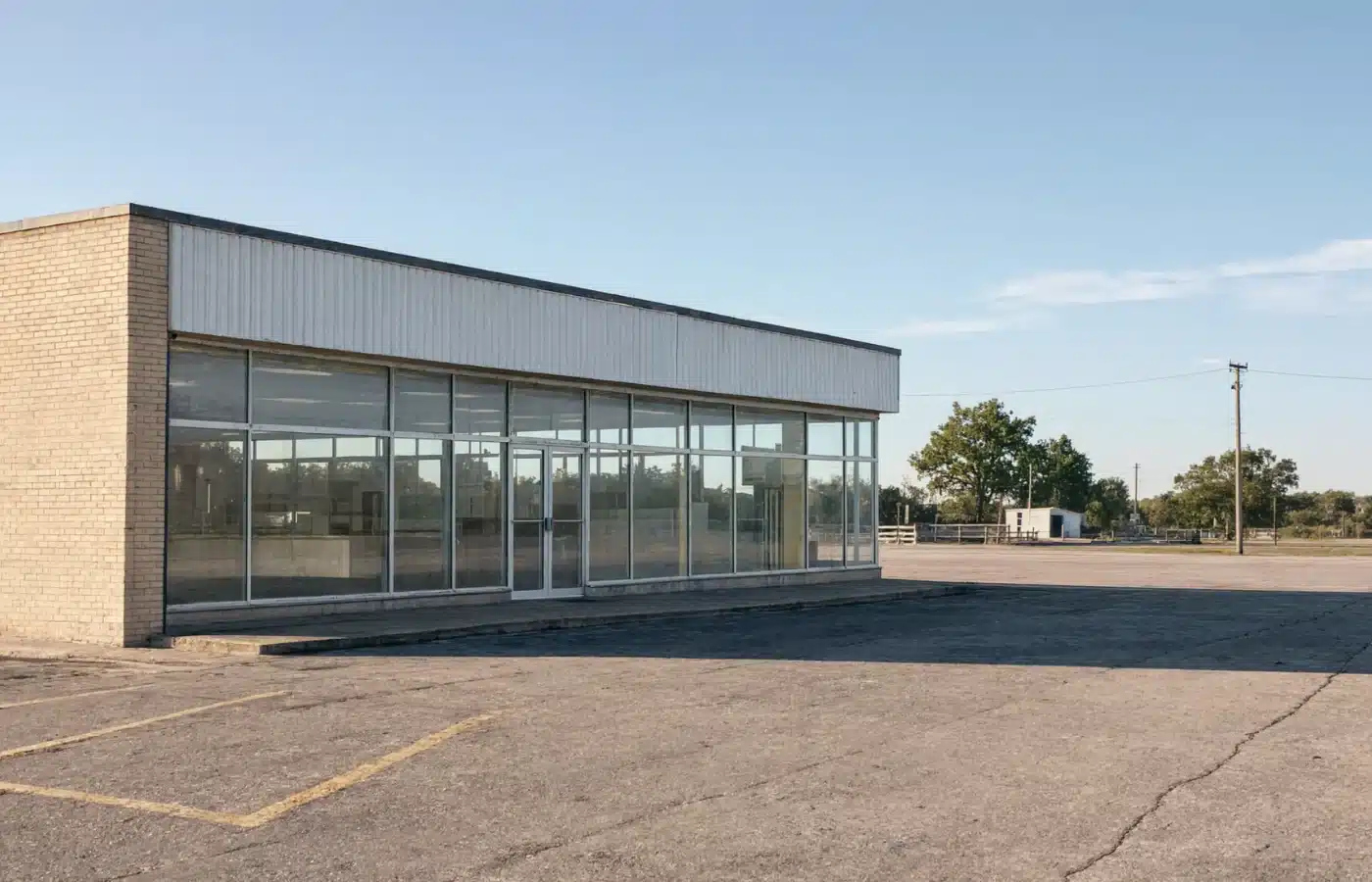 A closed single-tenant retail building with a full glass storefront and an empty striped parking lot