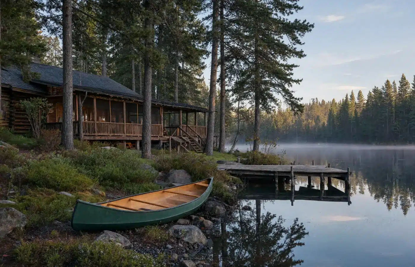 A rustic log lake cabin with a screened porch, a short wooden dock and a green canoe on the shore among red pines