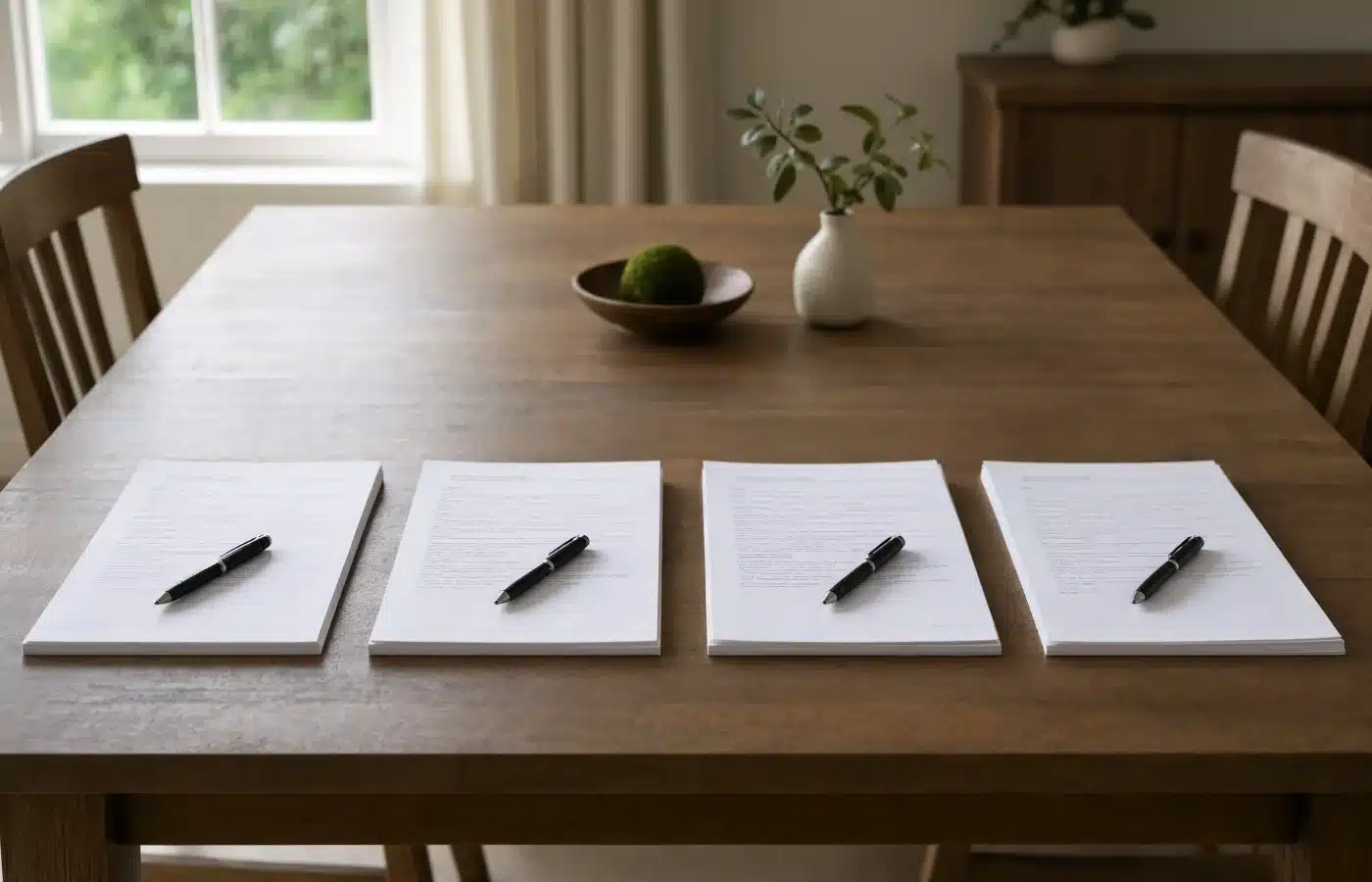 Four matching sets of transfer documents laid out with a pen on each, one for every co-owner to sign