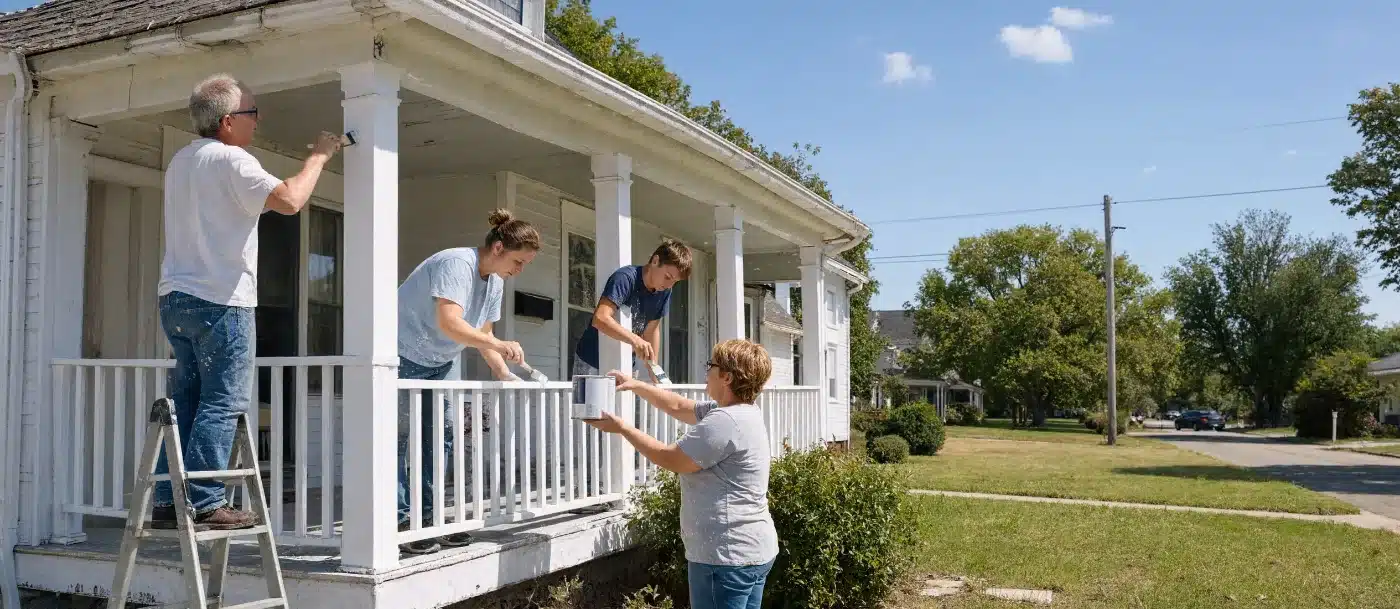 Volunteers repainting the porch of a house being brought back into use as housing