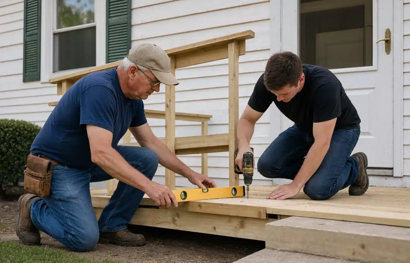 A veteran and a younger volunteer build a wooden wheelchair ramp at a front porch
