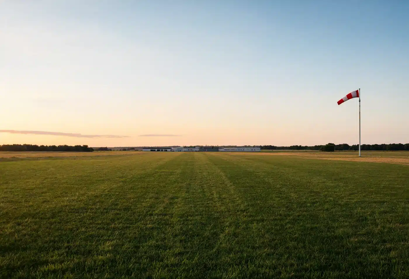 A mown grass private airstrip with a windsock, the kind of airstrip right donated to charity