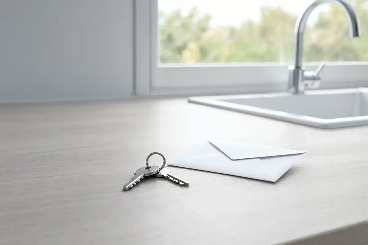 House keys and an envelope left on a kitchen counter after a property donation closed