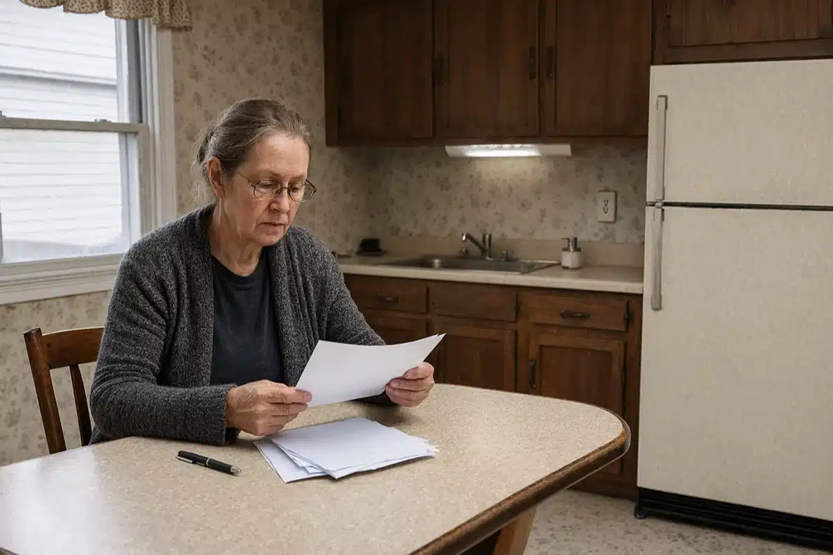 Homeowner at a kitchen table reviewing the monthly costs of a house she cannot afford to keep