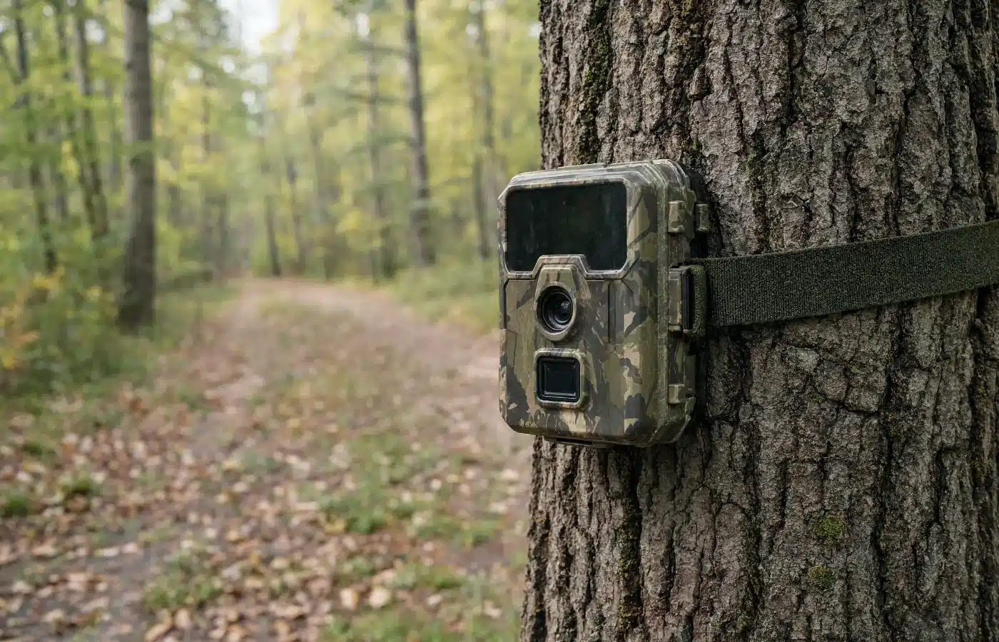 A camouflage trail camera strapped to an oak at the edge of a woods trail covered in fallen leaves