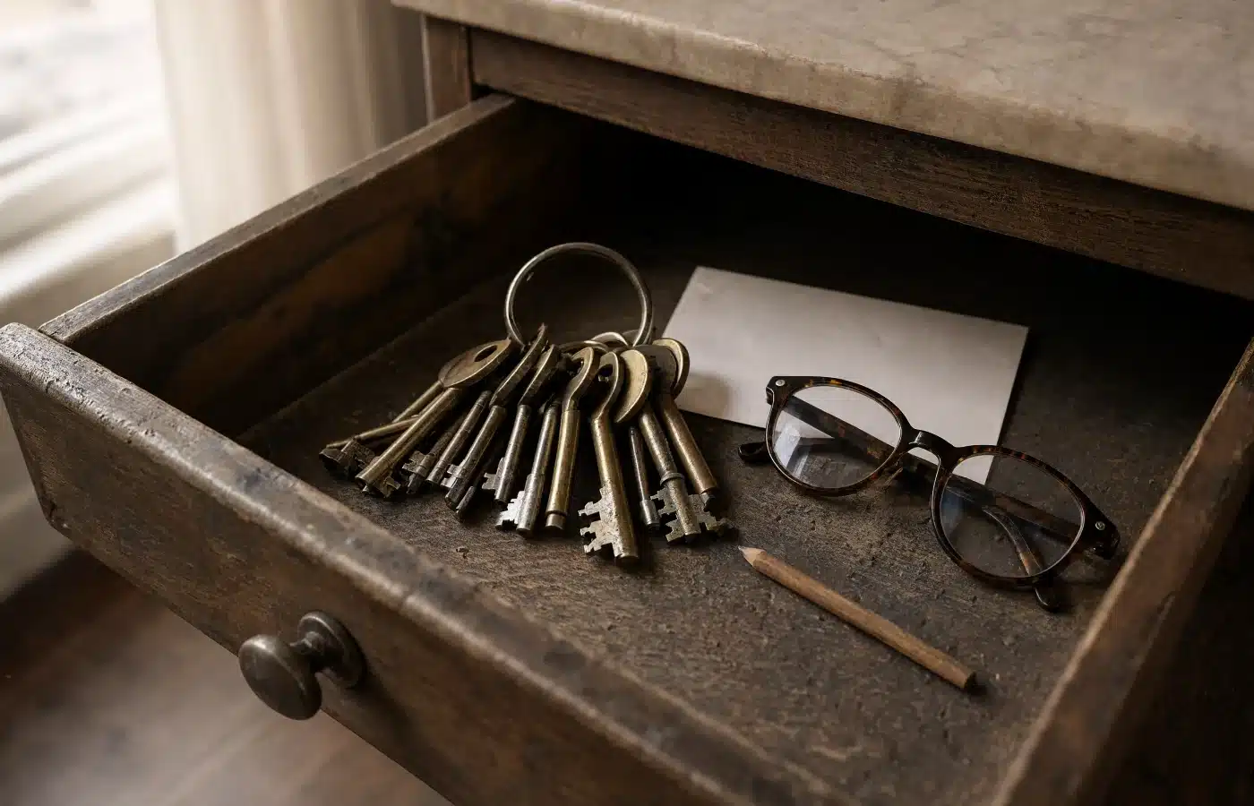 A ring of house keys, an envelope and reading glasses in the open kitchen drawer of an inherited house