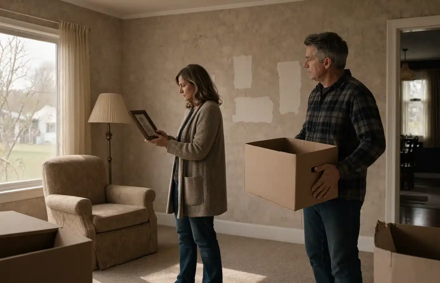 Two siblings packing framed photographs in an inherited house before donating it