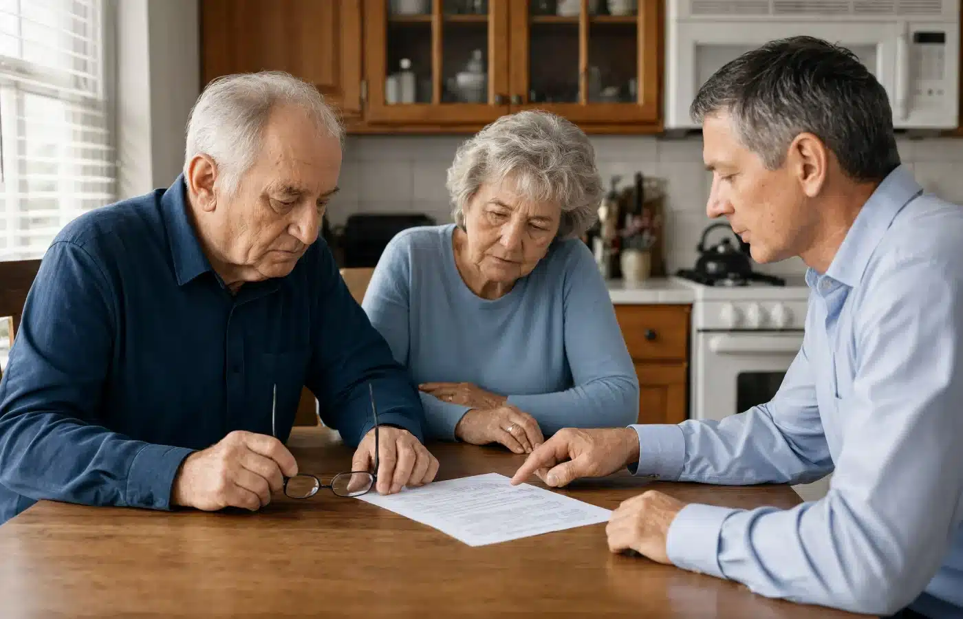 An estate attorney reviewing a retained life estate document with an older couple at their own kitchen table