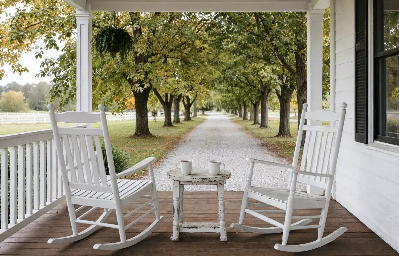 Two white rocking chairs and two cups of coffee on a farmhouse porch looking down a tree-lined gravel lane