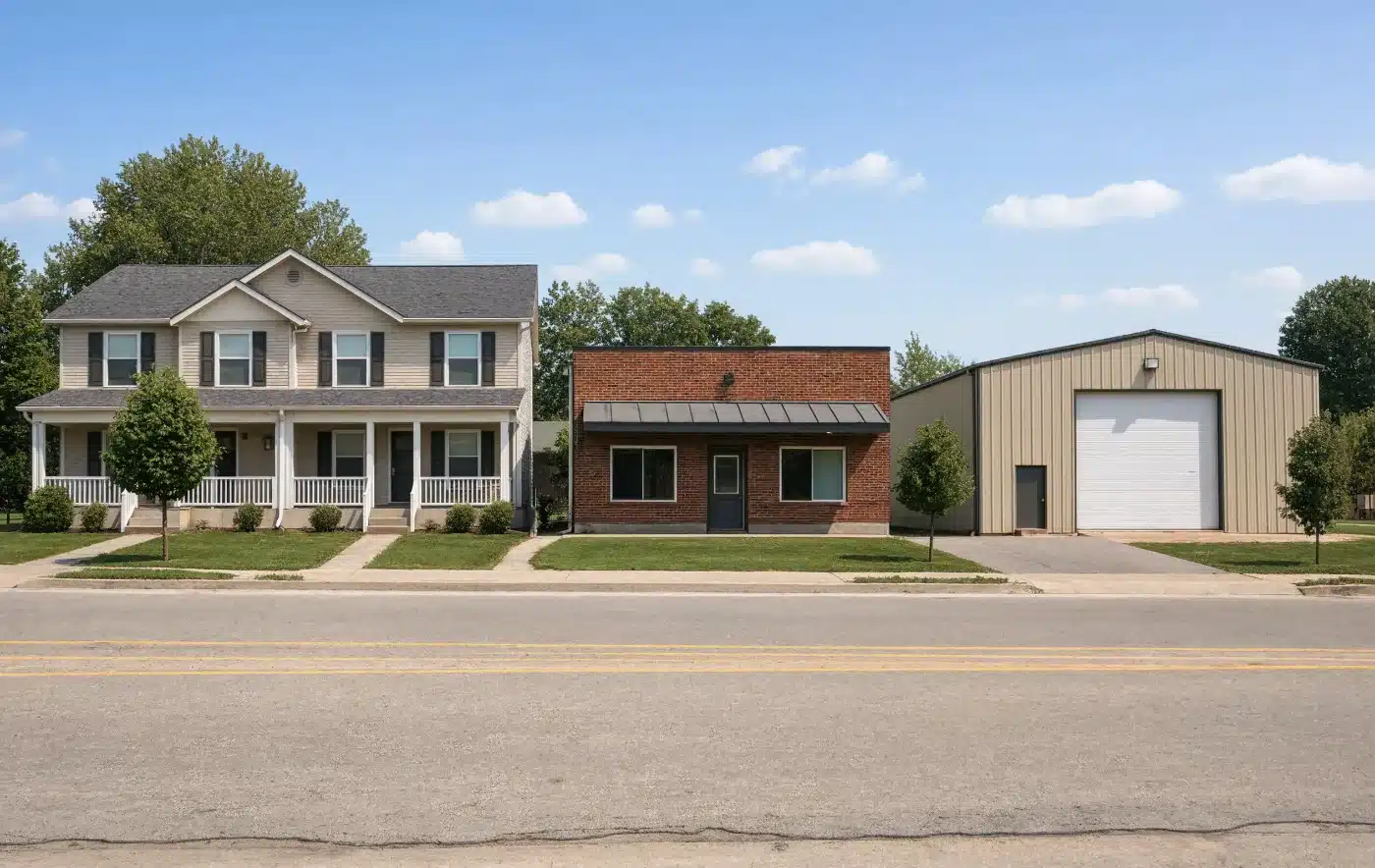 A row of small-town commercial buildings of the kind held inside an LLC