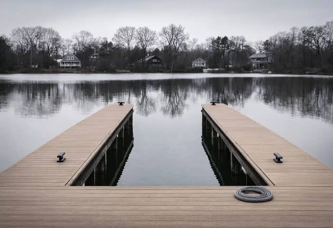An empty boat slip with clean finger piers on a still gray morning