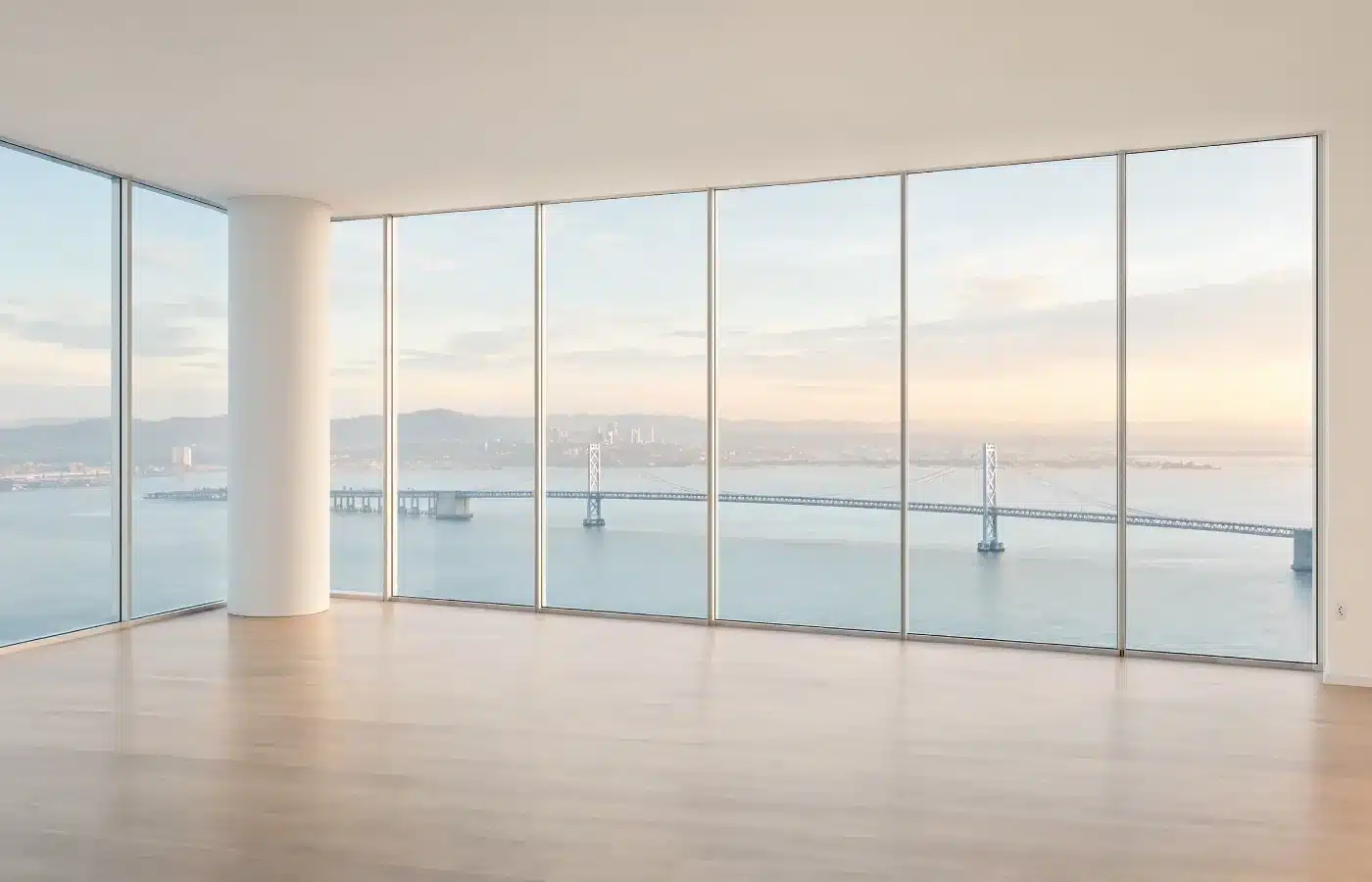 The empty living room of a high-floor condominium with floor-to-ceiling windows over the bay and the bridge