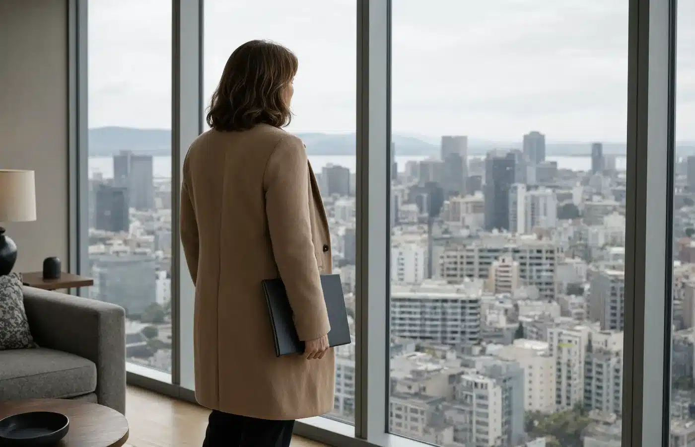 A condo owner at the floor-to-ceiling window of her high-floor unit holding a closed folder, city view beyond