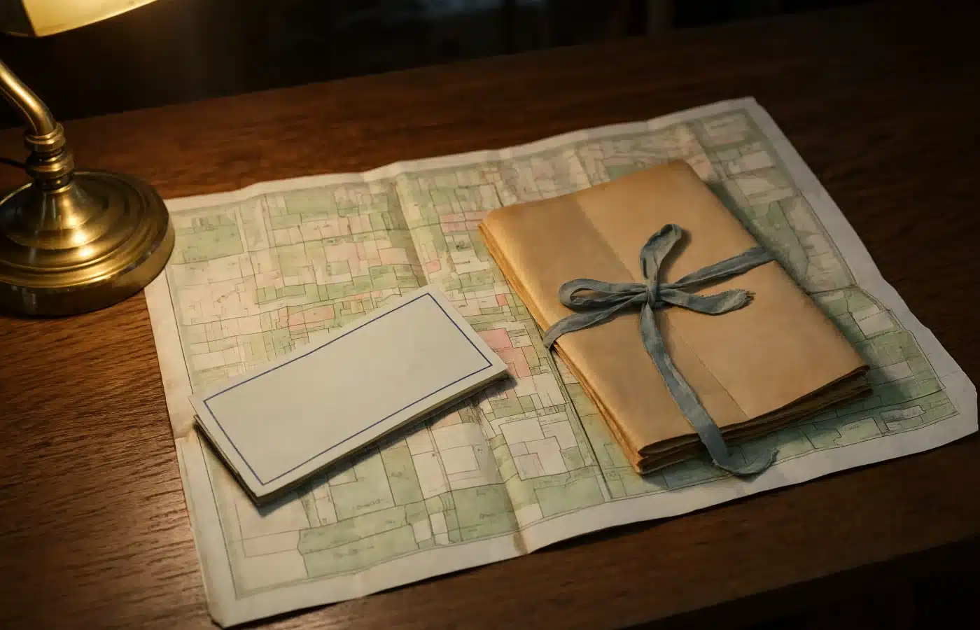A county plat map on a desk with a ribbon-tied bundle of old deeds and a brass lamp