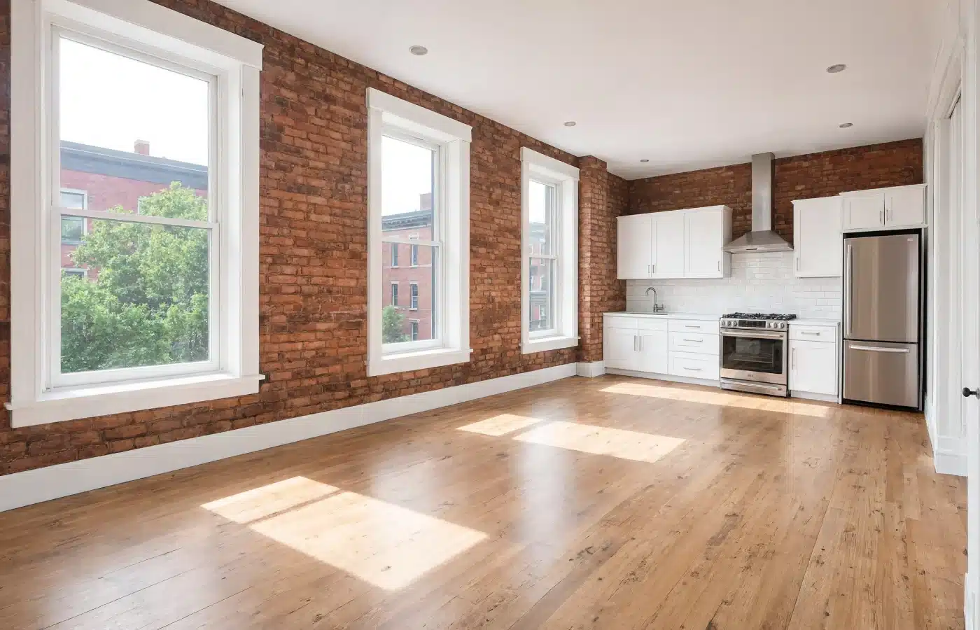 An empty upstairs apartment above a storefront with exposed brick walls, wood floors and a small kitchen