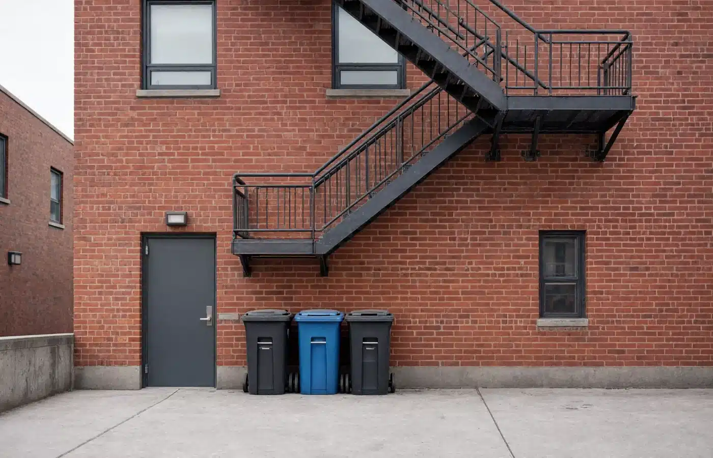 The rear of a brick mixed-use building with a steel fire escape, a service door and tenant trash bins