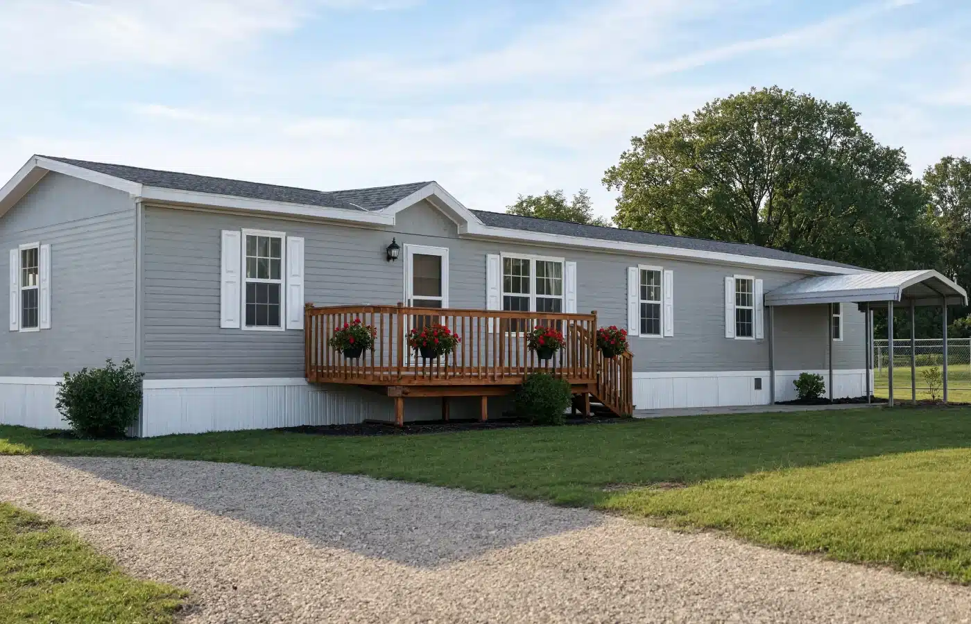 A well-kept double-wide manufactured home with a wood deck, skirting and an attached carport