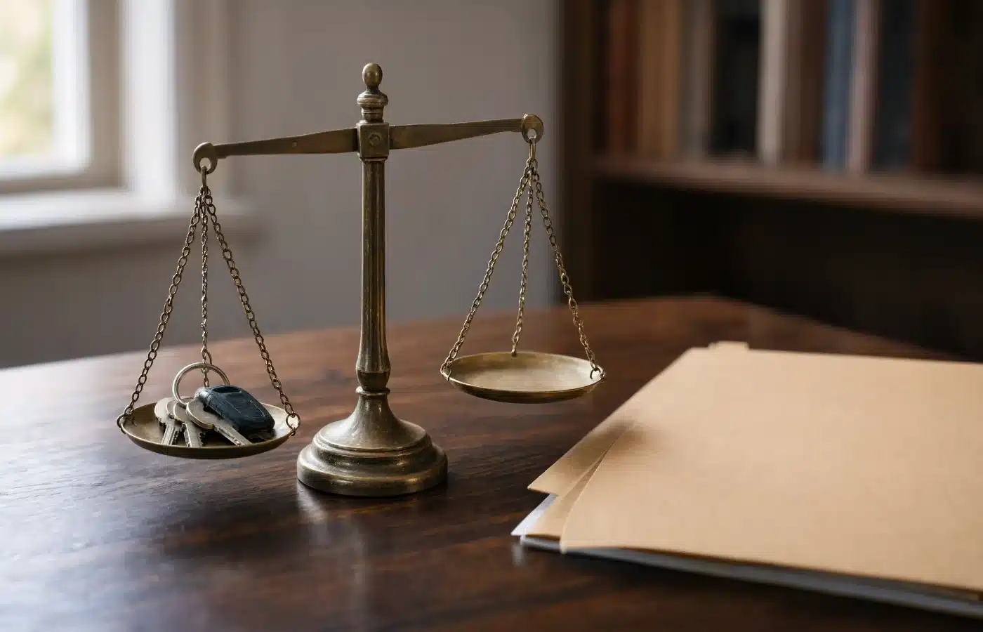 An antique brass balance scale with house keys on one pan beside a closed manila folder