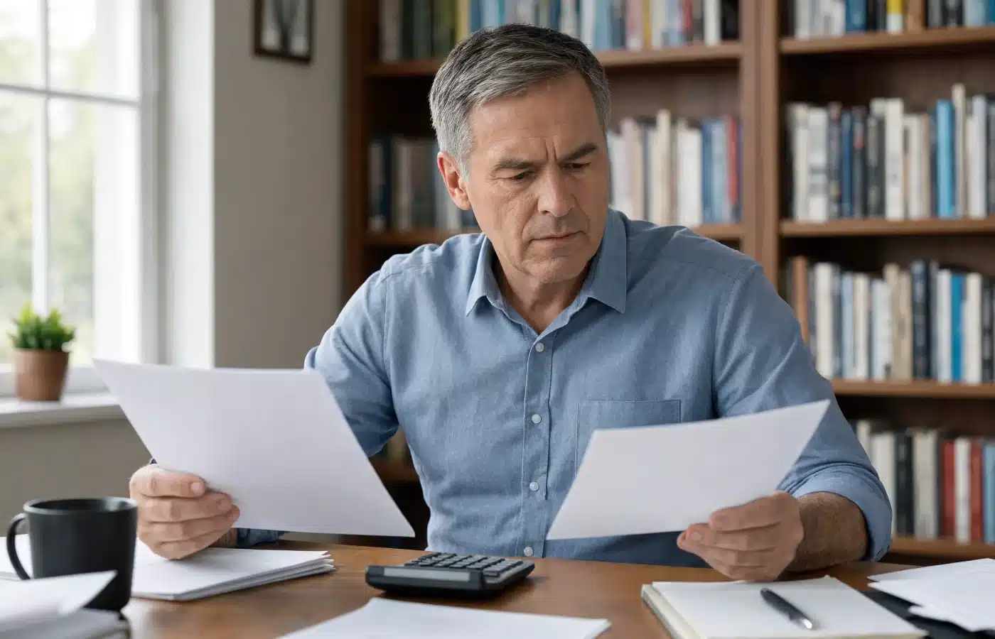 A homeowner at a desk comparing two printed pages side by side with a calculator and notepad