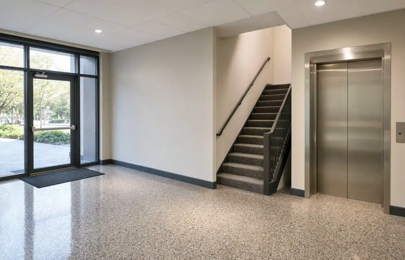 An empty office building lobby with a terrazzo floor, a stair to the second floor and an elevator