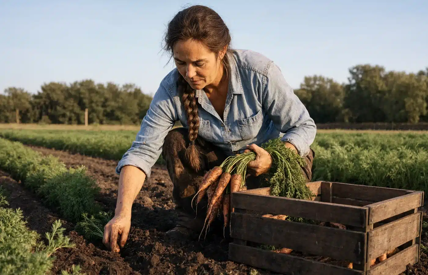A farmer kneeling in dark soil harvesting carrots into a wooden crate on a certified organic vegetable farm