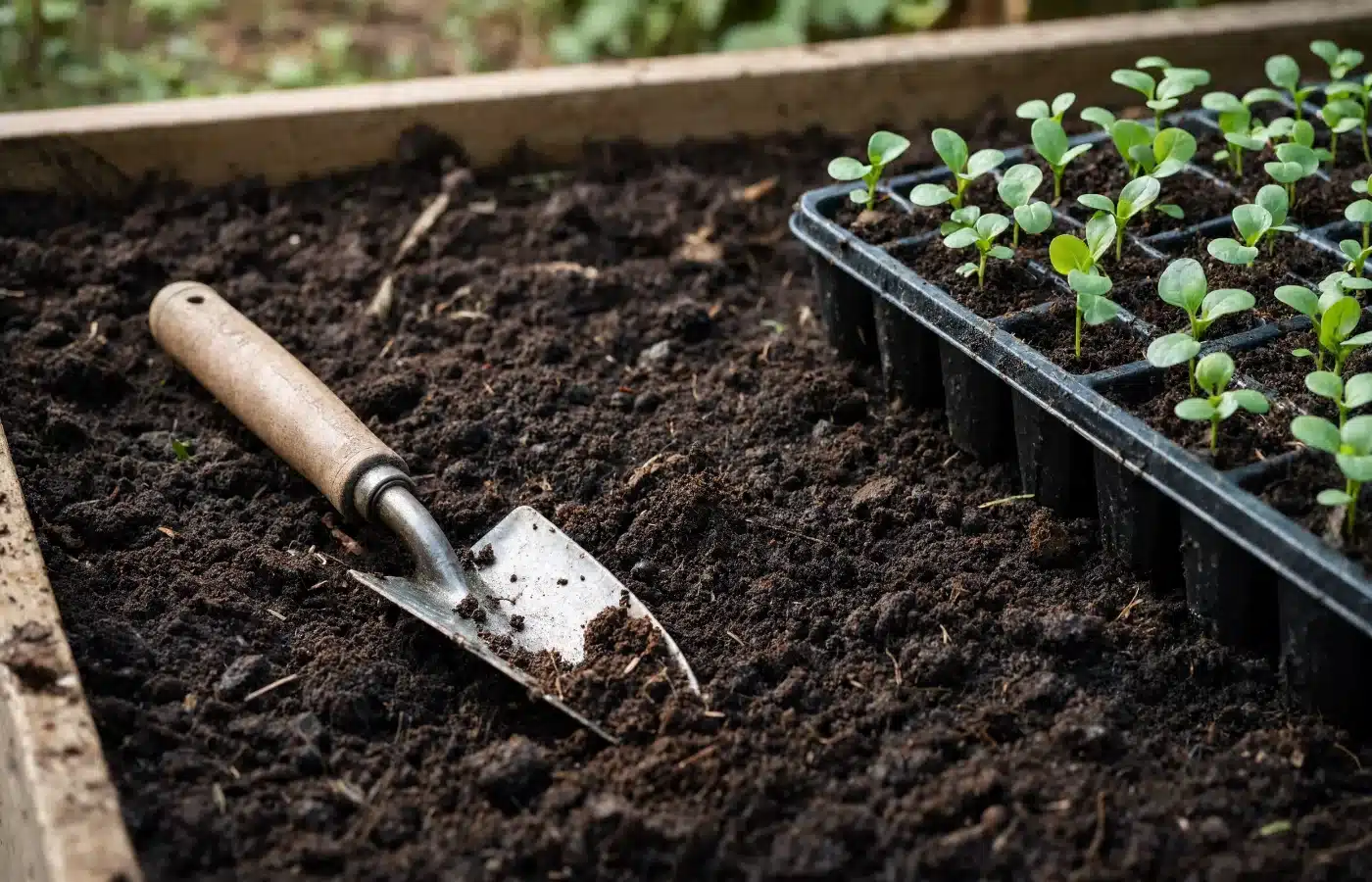 Compost-amended raised bed soil with a trowel resting in it and a tray of vegetable seedlings ready to plant
