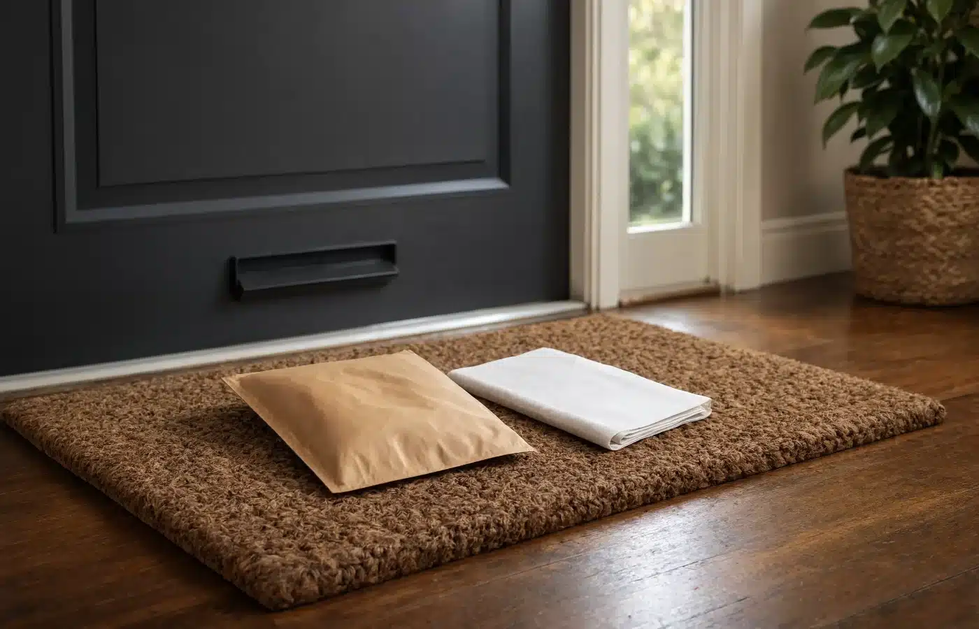 A padded envelope and a folded deed document delivered onto the doormat just inside a front door