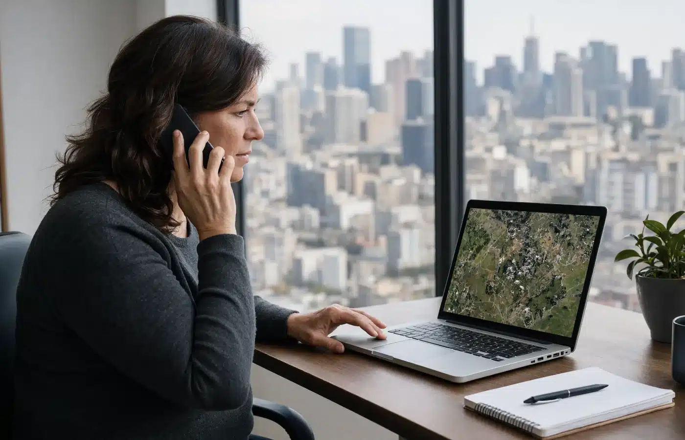 An out-of-state property owner on the phone at her city desk, looking at a satellite view of the neighborhood